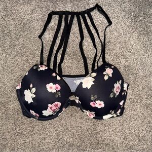 PINK Victoria’s Secret Floral Black Strappy Front Closure Push-Up Bra